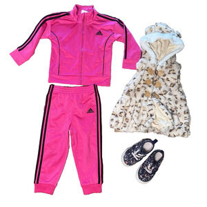 Adidas Track Suit Baby Girl 18 Months Leopard Fuzzy Vest & Vans Shoes Toddler 7